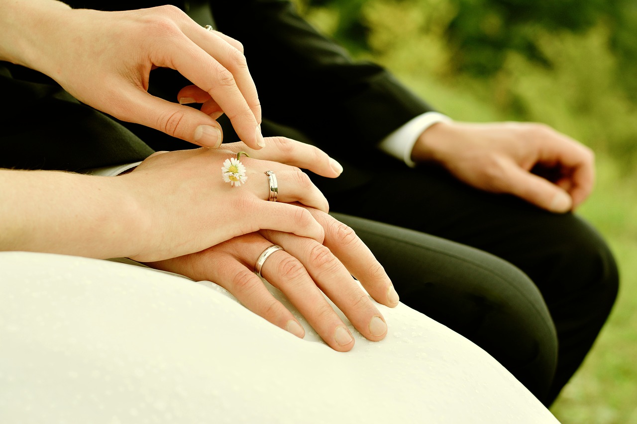 hands, bride and groom, rings