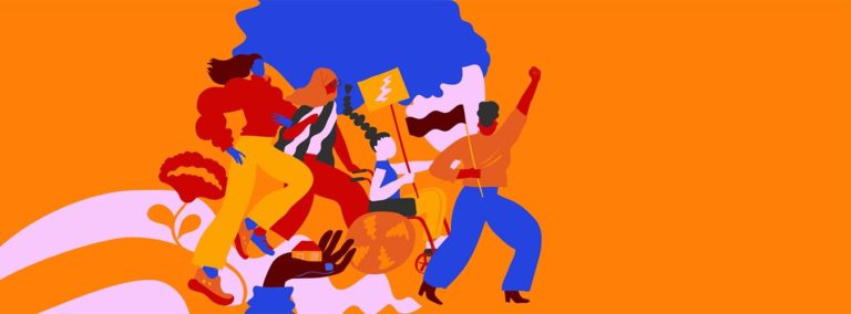 donne stilizzate di diverse culture, abilità e capacità marciano su sfondo arancione